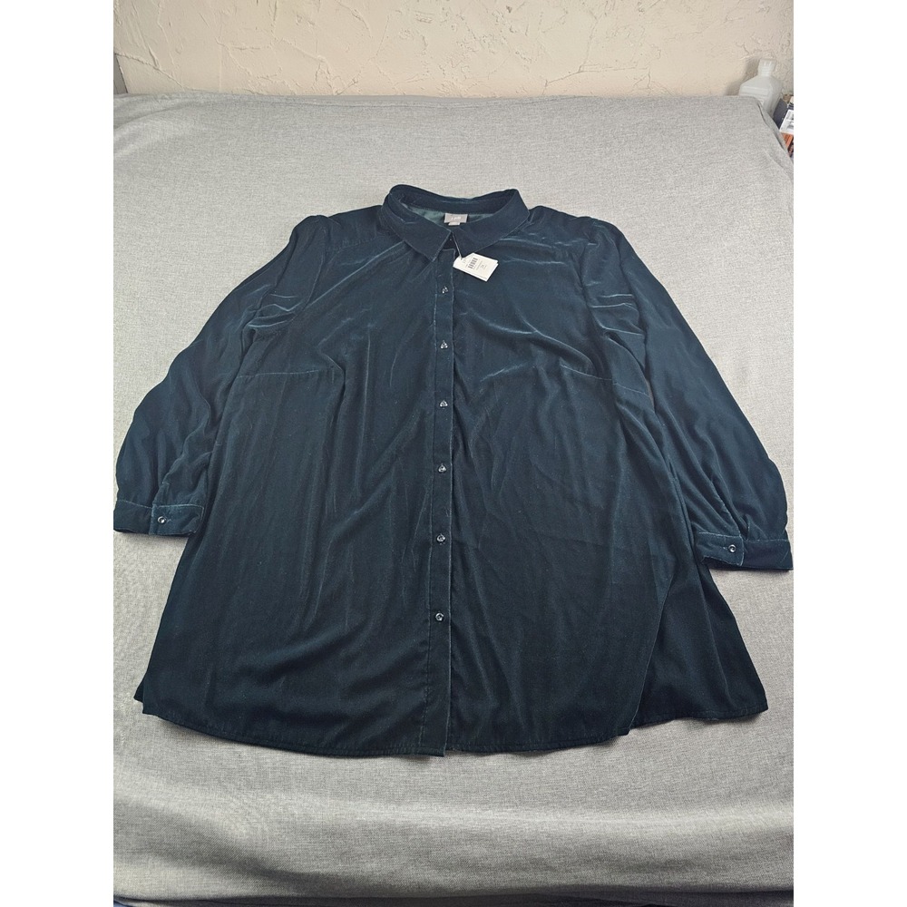 J.Jill Forest Green Velour Button Down Blouse Womens Size 3X New Long Sleeve